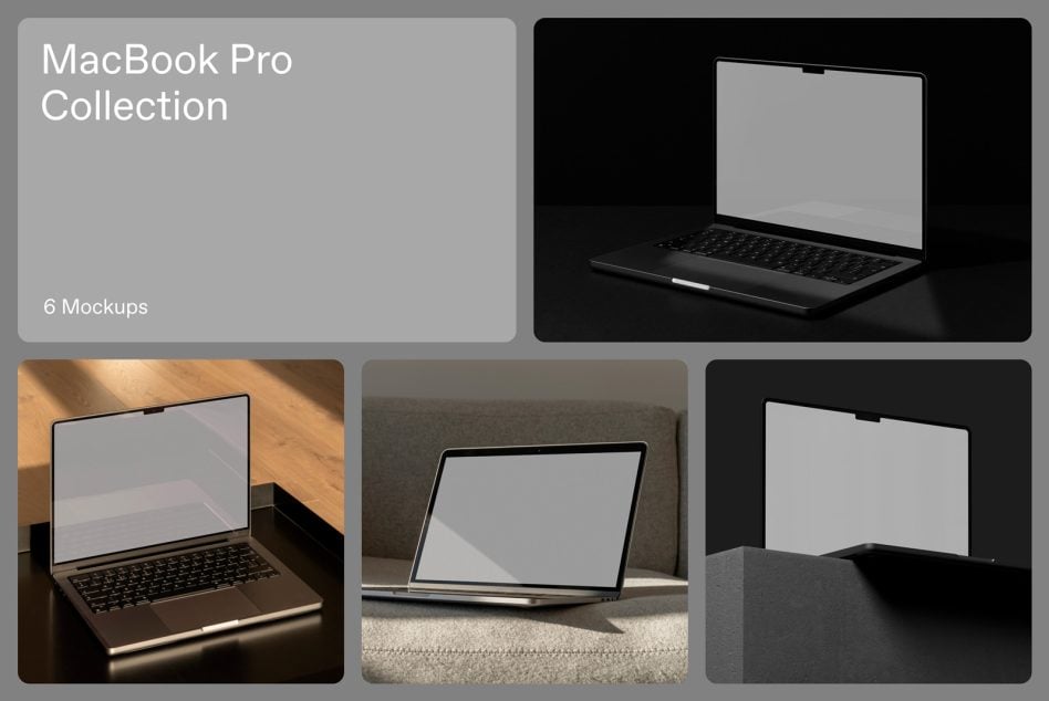 MacBook Pro Collection mockup set showing 6 different device angles in various settings