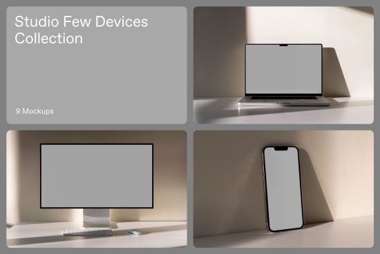 Elegant device mockup collection for design presentations, featuring a laptop, smartphone, and monitor in a minimal setting.
