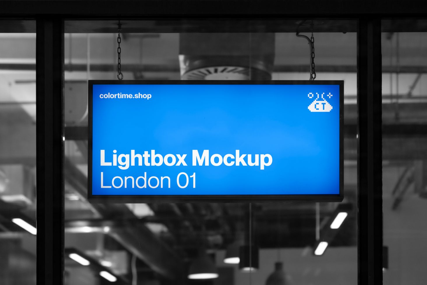 Digital lightbox mockup hanging in an urban setting with clear text, ideal for designers creating realistic advertising displays.