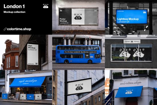 Collage of London-themed mockups featuring posters, buses, and signs for designers to use in presentations and portfolios.