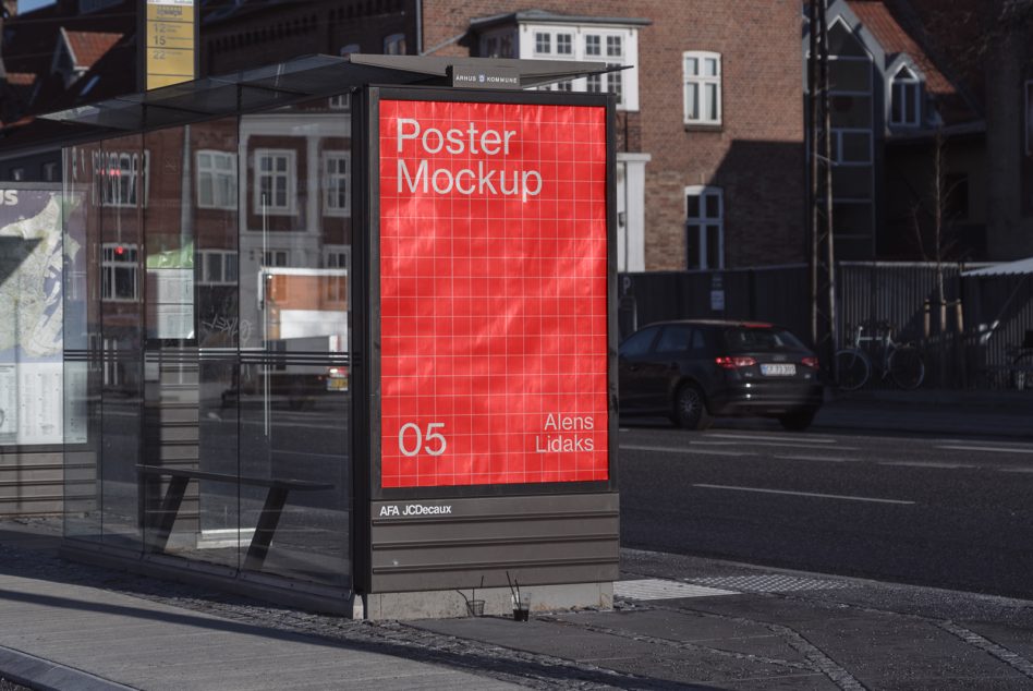 Urban bus stop poster mockup in daylight with clear sky, showcasing design space for advertising, suited for graphic display templates.