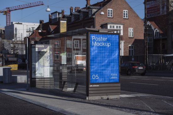 Urban bus stop poster mockup displayed on a clear day for outdoor advertising design showcase, with city background.