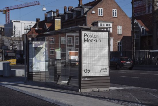 Urban bus stop poster mockup in daylight for advertising design presentation, featuring clear glass and metal structure.