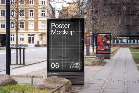 Urban street poster mockup on a digital billboard for outdoor advertising design display in a city environment, perfect for designers.