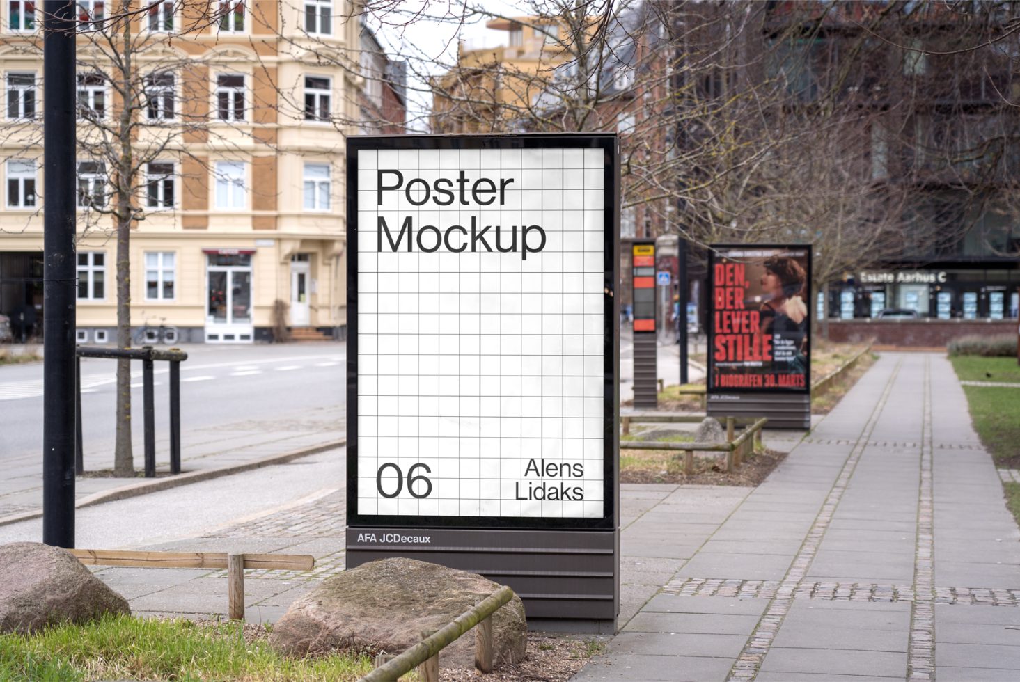 Street-level poster mockup on sidewalk showcasing urban advertising space for designers to display graphics or branding.