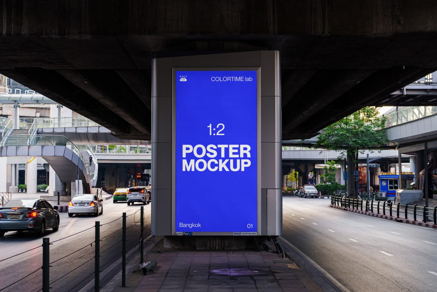 Urban street billboard poster mockup under bridge with cars, showcasing design and advertising space for designers and marketers.