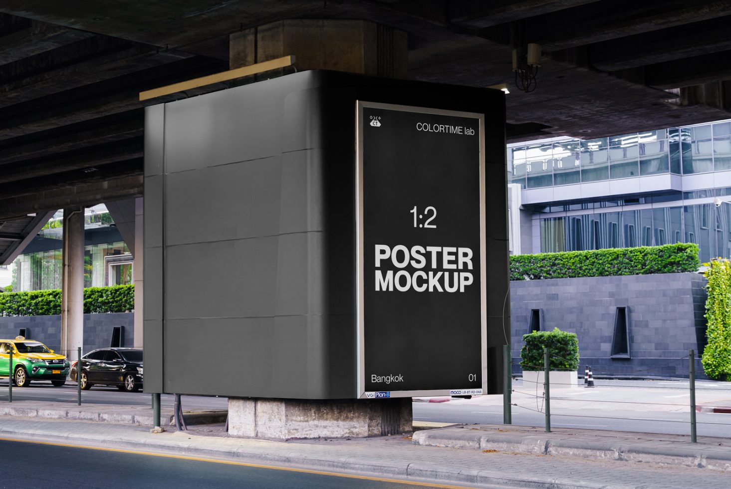 Urban billboard mockup displaying large poster, roadside view with cars and architecture, ideal for designers' advertising presentations.