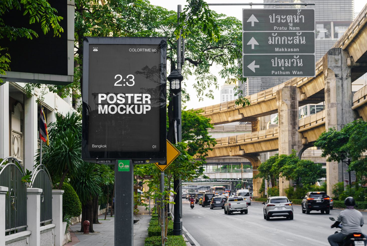 Urban street poster mockup on billboard in Bangkok with vehicles and overpass, ideal for realistic design presentations in mockups category.