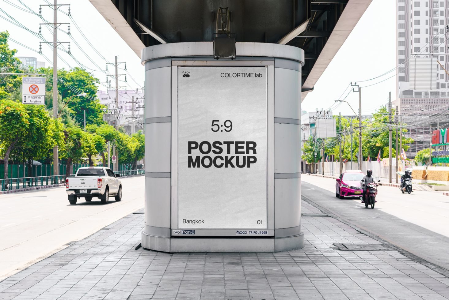 Urban outdoor poster mockup displayed on a city street pillar for designers, ideal for presentations and advertising designs.