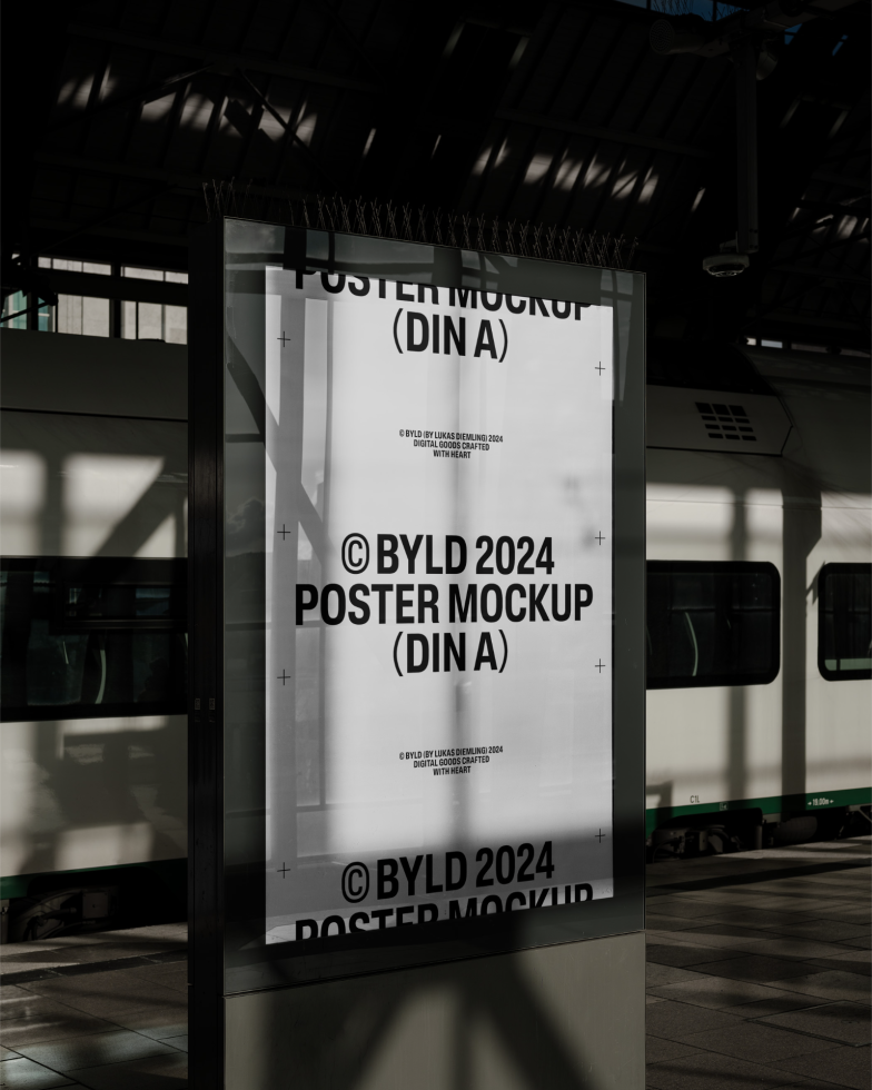 Poster mockup displayed in a train station setting, suitable for realistic presentation of design projects, high-quality shadows and lighting.