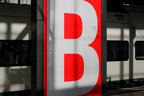 Bold red letter 'B' graphic overlay on urban background with train and shadows for modern design mockups and urban style templates.