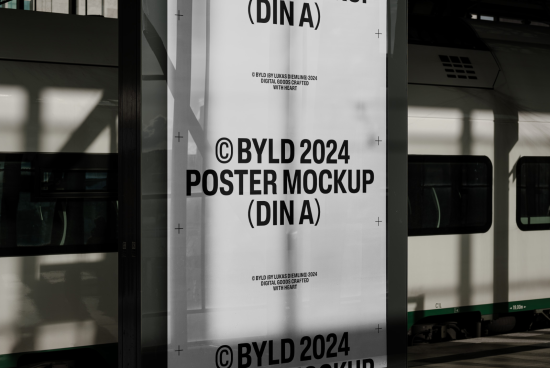 Vertical poster mockup displayed in a public transit station with shadows, realistic design presentation, digital asset for designers.