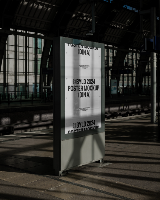 Realistic outdoor poster mockup at train station platform for advertising display, designers' graphic presentation, editable template, urban environment.