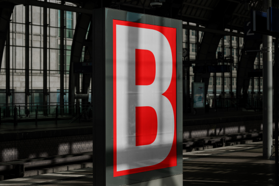Bold red letter B on a backlit billboard mockup at a train station, perfect for display ads and branding graphics.