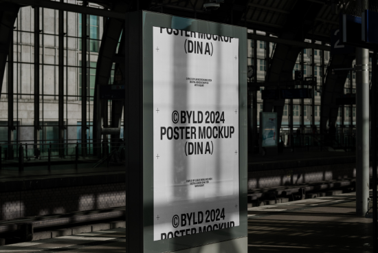 Urban poster mockup displayed at a train station, ideal for graphic design presentations and advertising mockups.