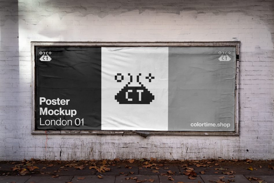 Urban billboard poster mockup displayed on a white brick wall, featuring pixel art style design, ideal for graphic presentations.