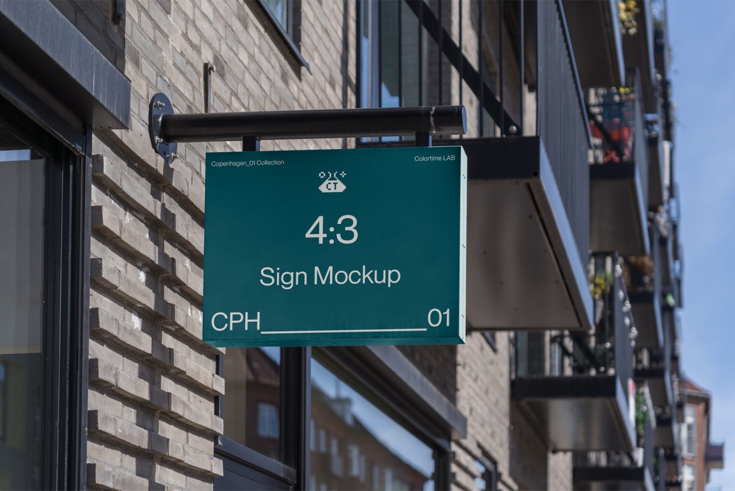 Outdoor sign mockup in urban setting for storefront branding, hanging with a 4:3 aspect ratio, clear visibility, suitable for graphic design.