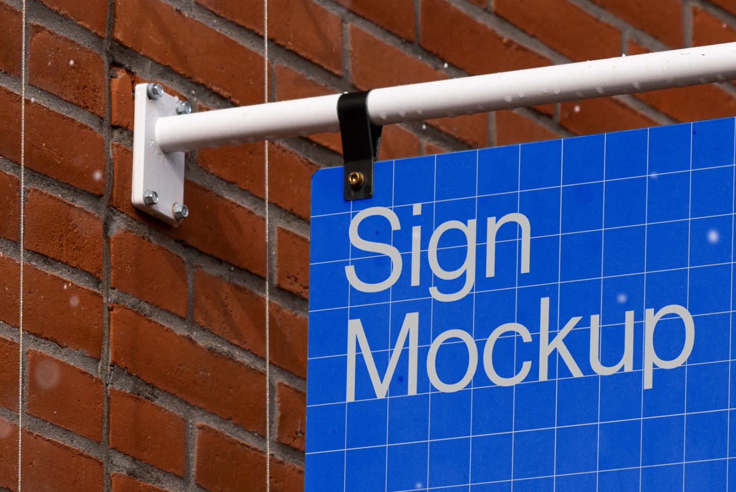 Outdoor sign mockup against brick wall for graphic designers, realistic blue signboard display for branding presentations.