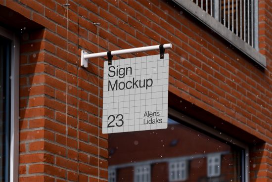 Outdoor hanging sign mockup on a brick wall, showcasing editable design space for branding, suitable for designers and businesses.