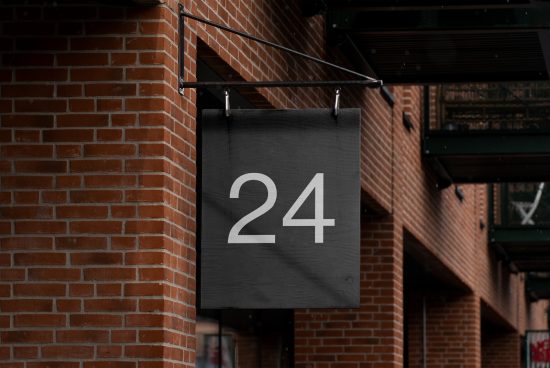 Rustic street number sign mockup on brick wall, urban setting ideal for presenting address fonts and exterior signage designs for businesses.