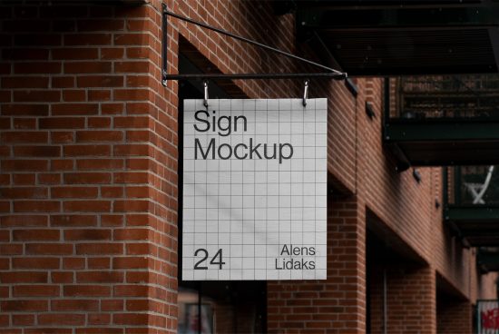 Realistic hanging sign mockup on brick wall exterior for design presentation, storefront signage display, versatile graphic asset.