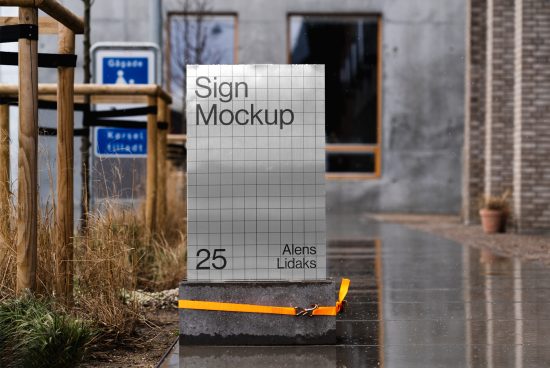 Outdoor signboard mockup on sidewalk in urban setting, realistic display design template for branding, editable PSD graphic.