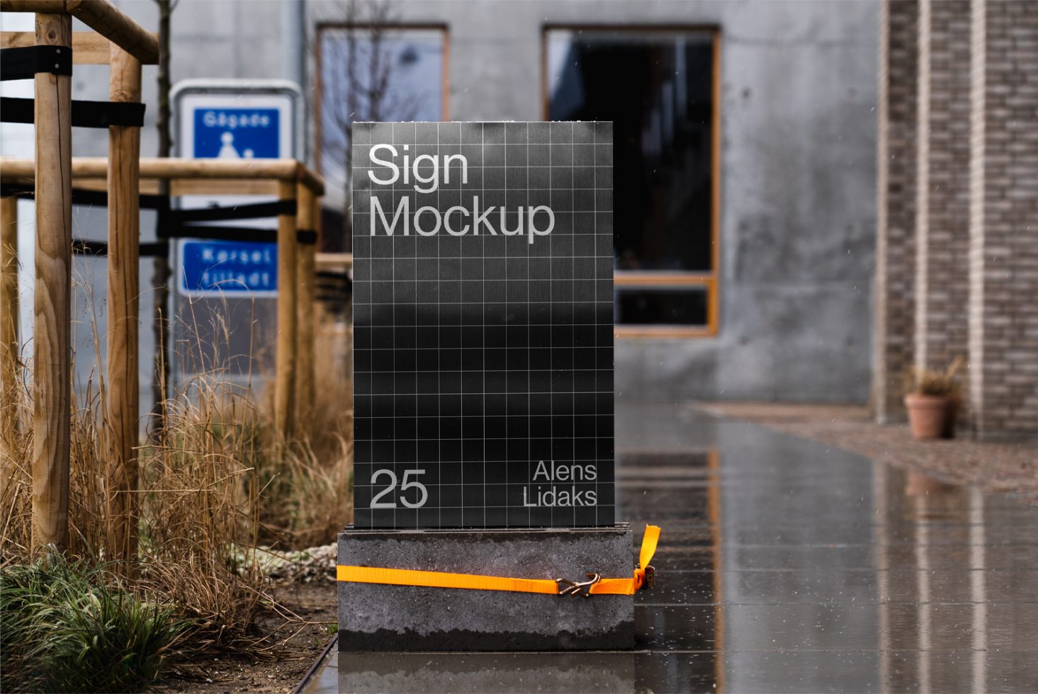 Outdoor street sign mockup in urban setting with reflective wet ground, ideal for designers to showcase branding projects and signage designs.