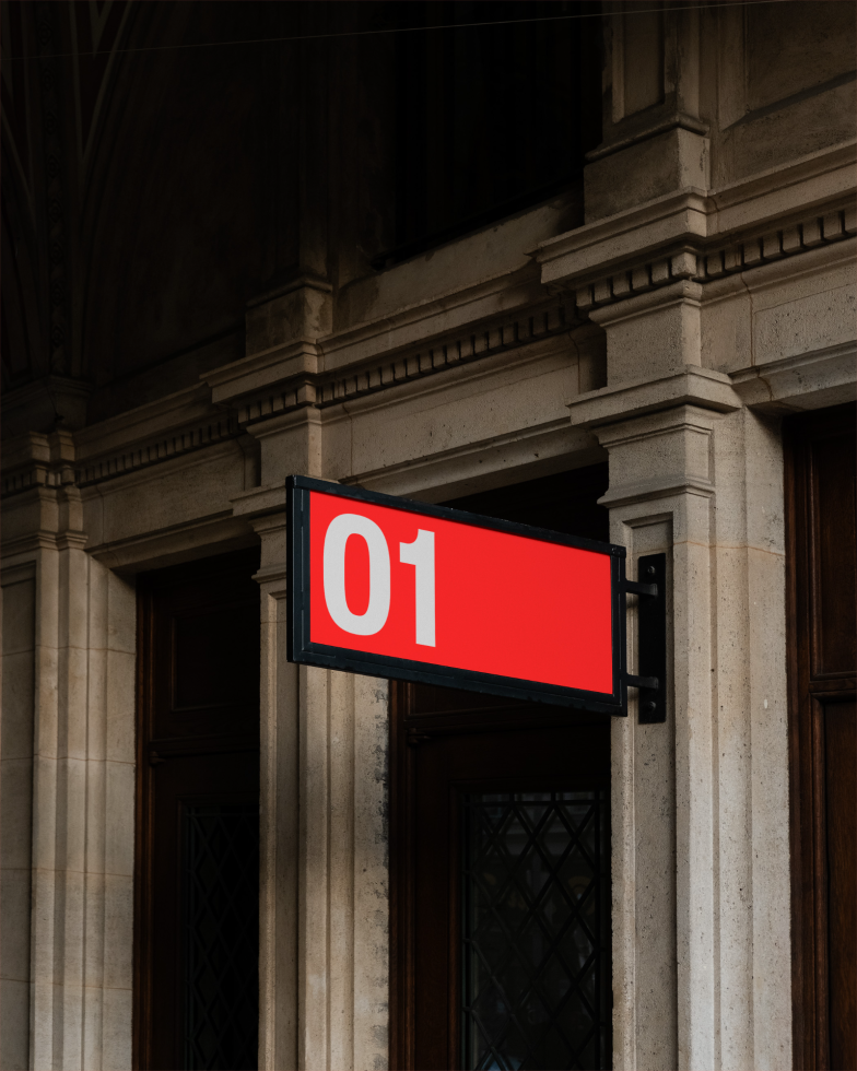 Street signboard mockup hanging on building facade with number 01, ideal for branding presentations, urban signage templates.