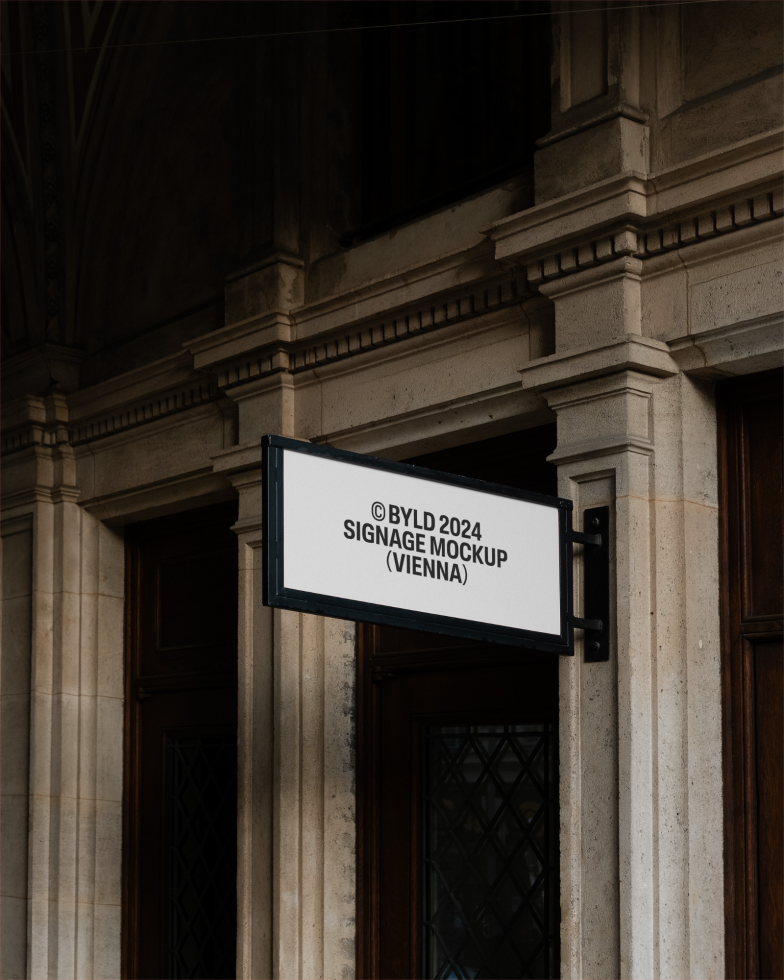 Outdoor signage mockup on building facade for designers ideal for presentation, branding, advertising graphic assets, Vienna setting.