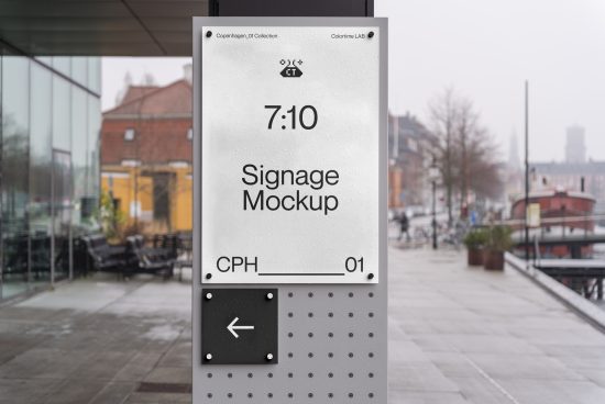 Outdoor signage mockup on city street with editable display for designers, wet urban background, realistic advertising template.
