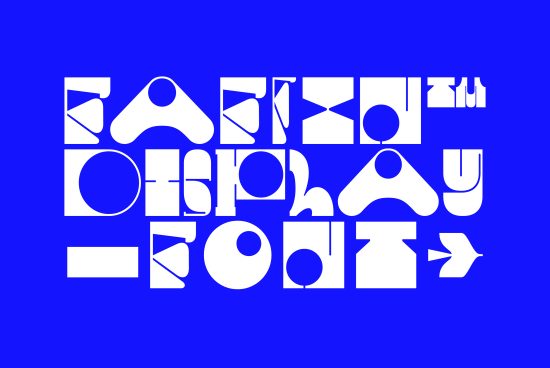 Creative geometric sans-serif font display in white on a blue background for graphic design and typography projects.