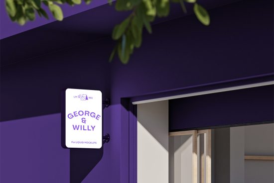 Modern sign mockup on a purple wall with realistic shadows and greenery for branding presentations, suitable for designers' portfolios.