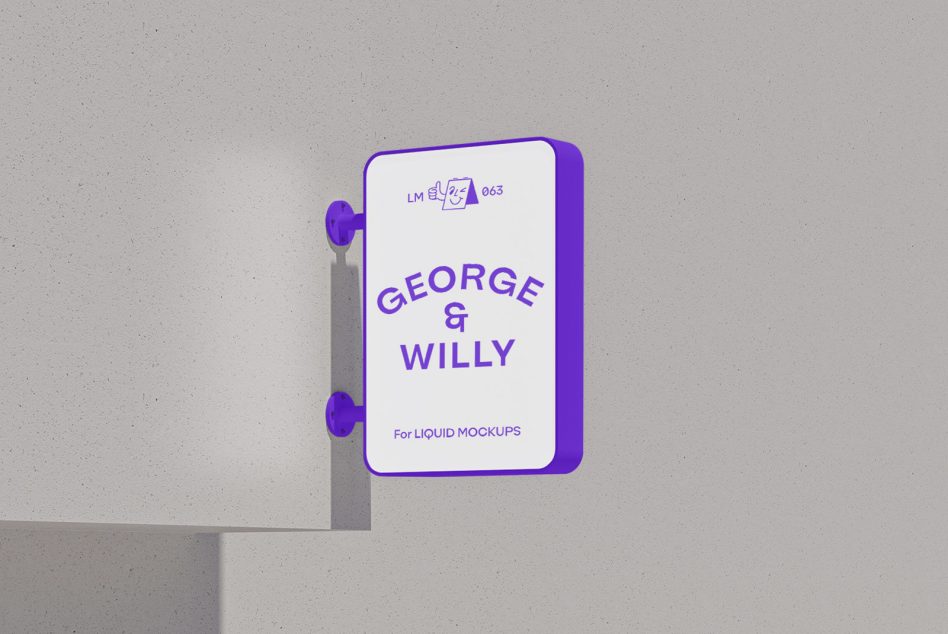 Purple bottle mockup with white label displaying George & Willy text