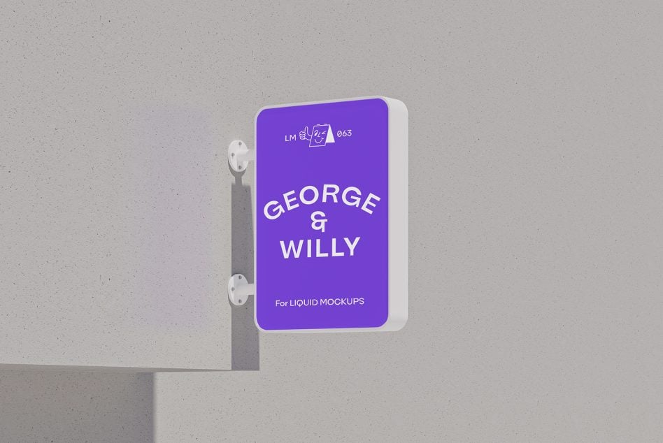 Bright purple bottle label with white trim mounted on pole mockup
