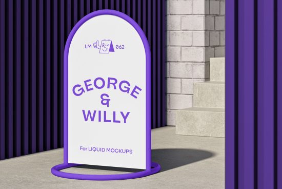 Modern signage mockup in urban setting with purple color scheme, clear typeface, and simple design, ideal for showcasing branding and logos.