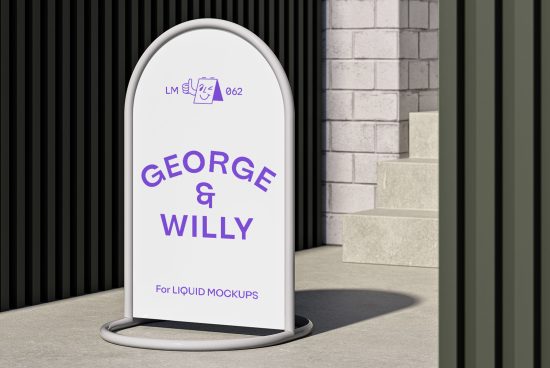 Curved outdoor signage mockup standing near concrete stairs used to showcase branding designs, perfect for designers' presentations.