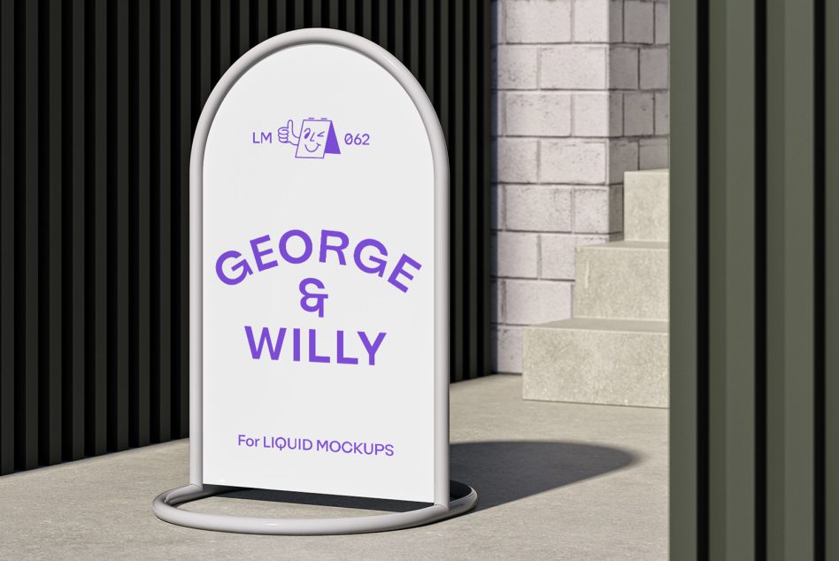 Curved outdoor signage mockup standing near concrete stairs used to showcase branding designs, perfect for designers' presentations.