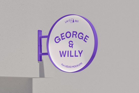 Circular signboard mockup mounted on wall displaying sample branding George & Willy, ideal for storefront design presentation.