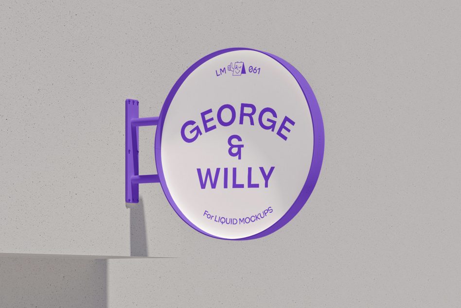 Purple-framed round signage with George & Willy lettering, side view on concrete facade