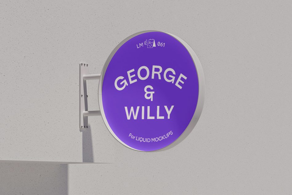 Bright purple circular sign displaying George & Willy, mounted on white bracket against gray wall