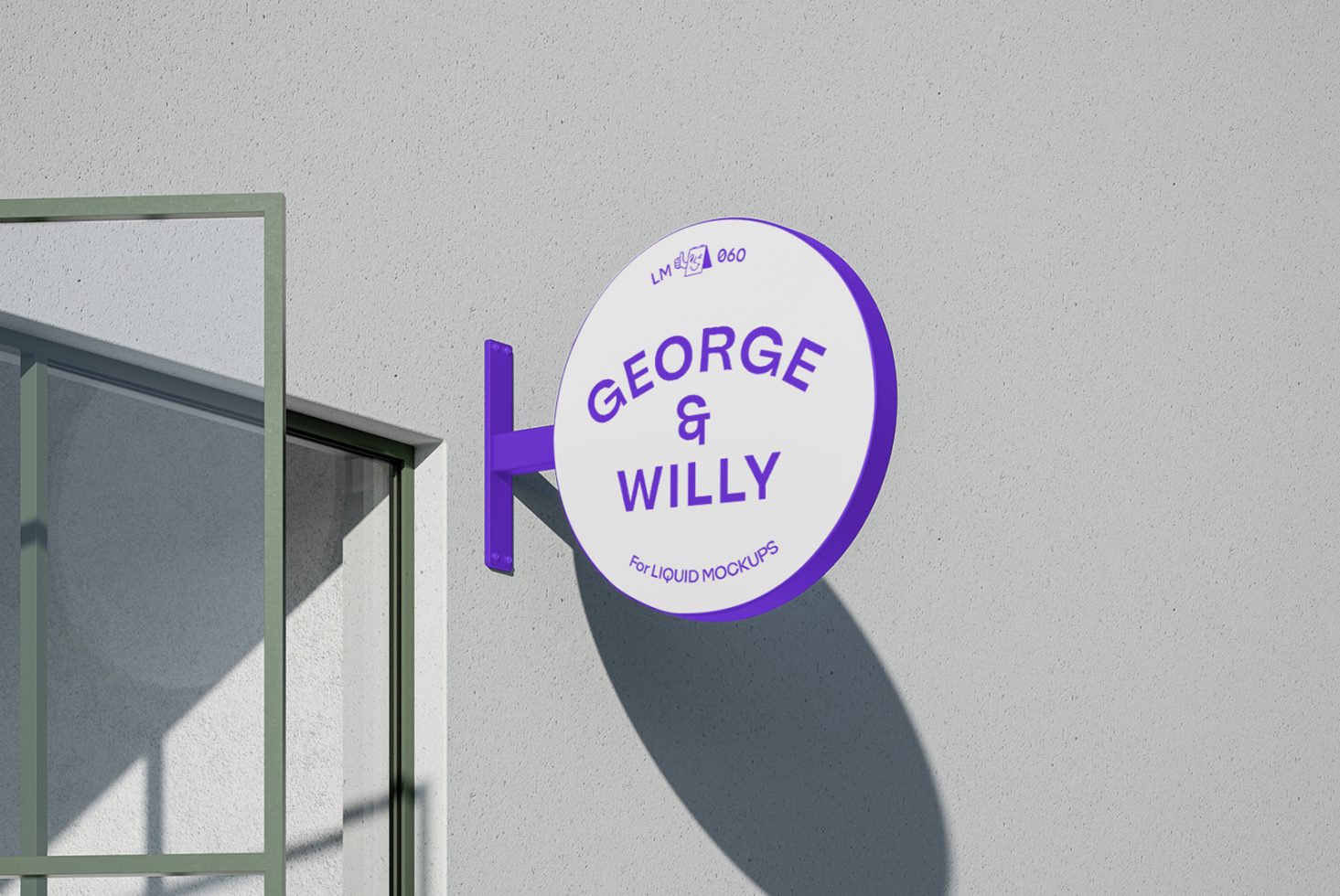 Round wall-mounted sign mockup in daylight, showcasing a logo with shadow, ideal for presentations in the mockups category.