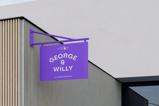 Purple shop sign mockup hanging on a modern building for branding presentation. Ideal for designers seeking outdoor signage mockups.