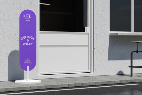 Outdoor signage mockup with modern banner display outside a business storefront for branding presentation, design templates.