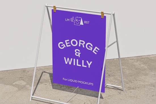 A-frame signboard mockup with a purple poster featuring bold typography, ideal for storefront advertising design presentations.