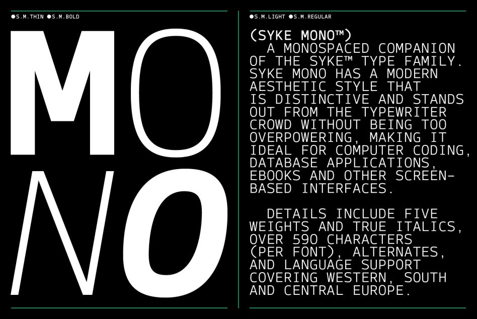 Monospaced font presentation, Syke Mono type family for design with modern aesthetic, ideal for coding, ebooks, and digital interfaces.