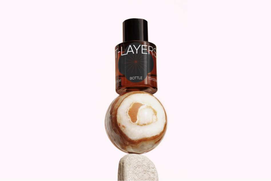 Cosmetic bottle with dark label on marble sphere with beige background