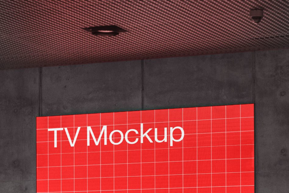 Modern TV screen mockup on concrete wall, red grid pattern design, urban interior, realistic display presentation for designers.