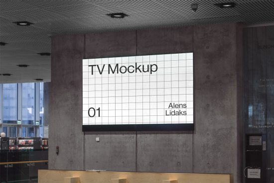 Large screen TV mockup on a wall in a modern interior setting, suitable for digital design presentations and portfolio display.
