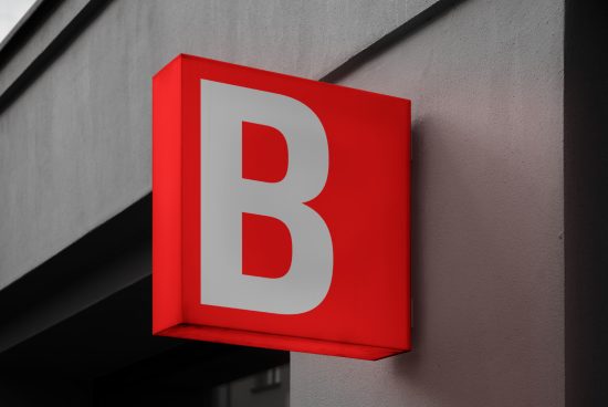 3D red square signage mockup with a bold white letter B on a building facade for outdoor advertising and logo display design.