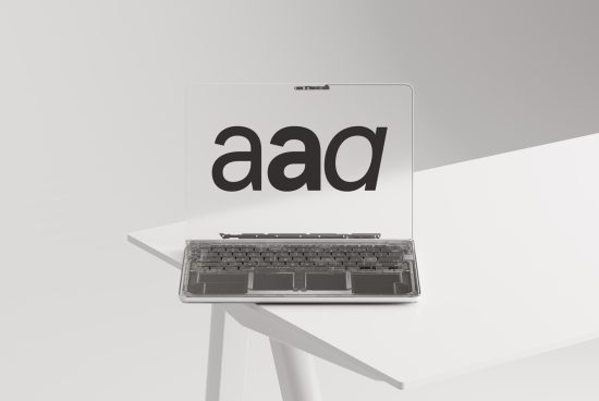 Laptop mockup with bold font design on screen, modern workspace, minimalistic style, ideal for showcasing typography and digital designs.